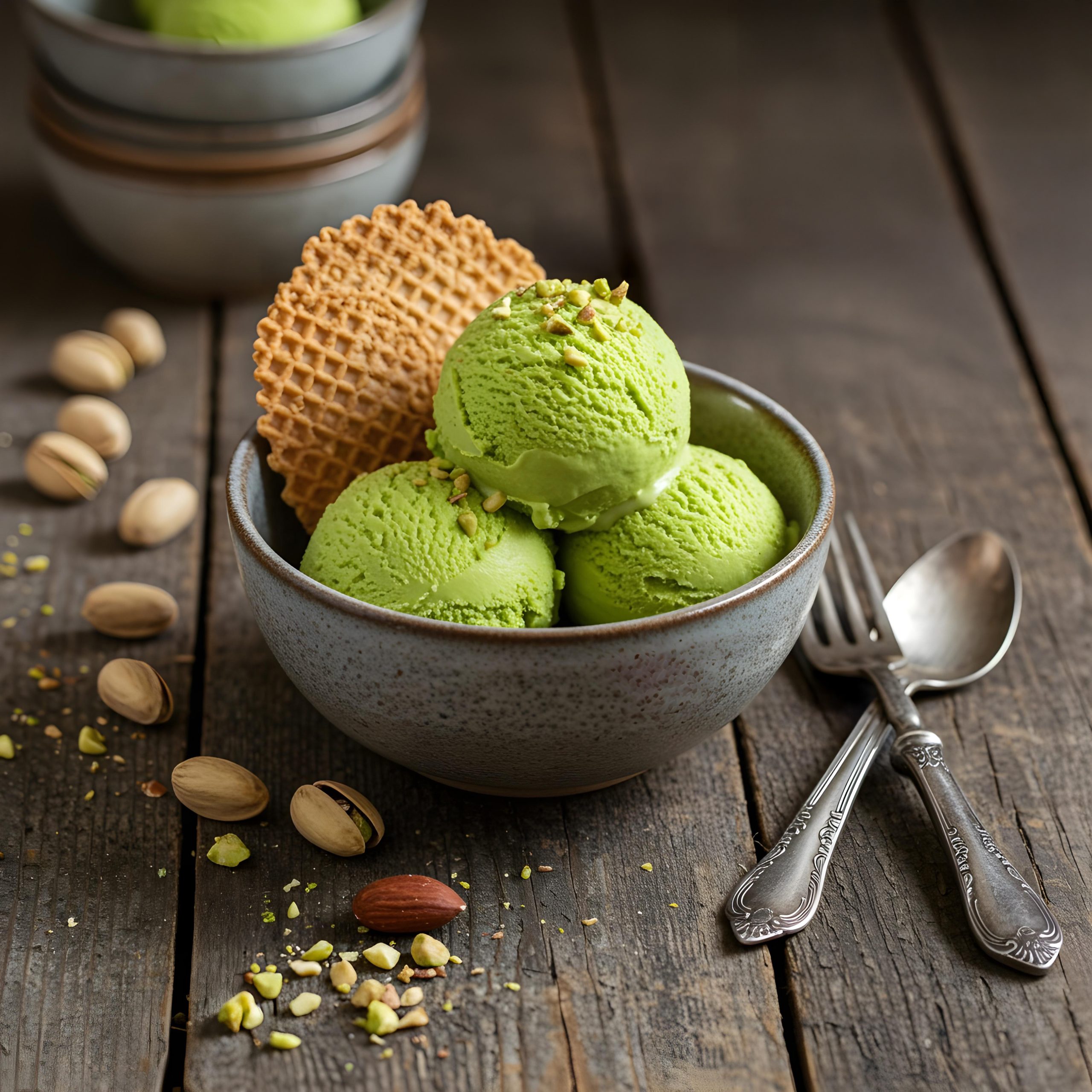 delicious pistachio ice cream with waffle nuts rustic bowl (1)