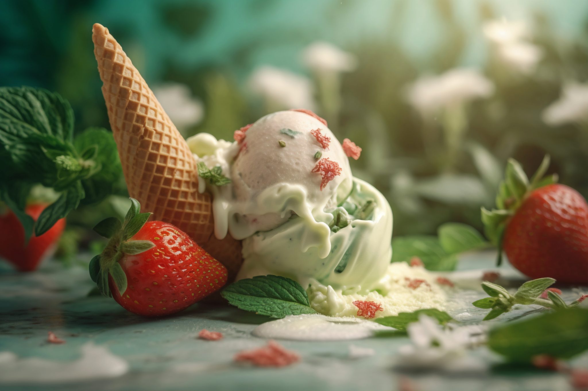 melting ice cream with mint strawberries